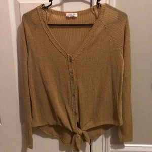 Gold/mustard yellow tie front waffle button top